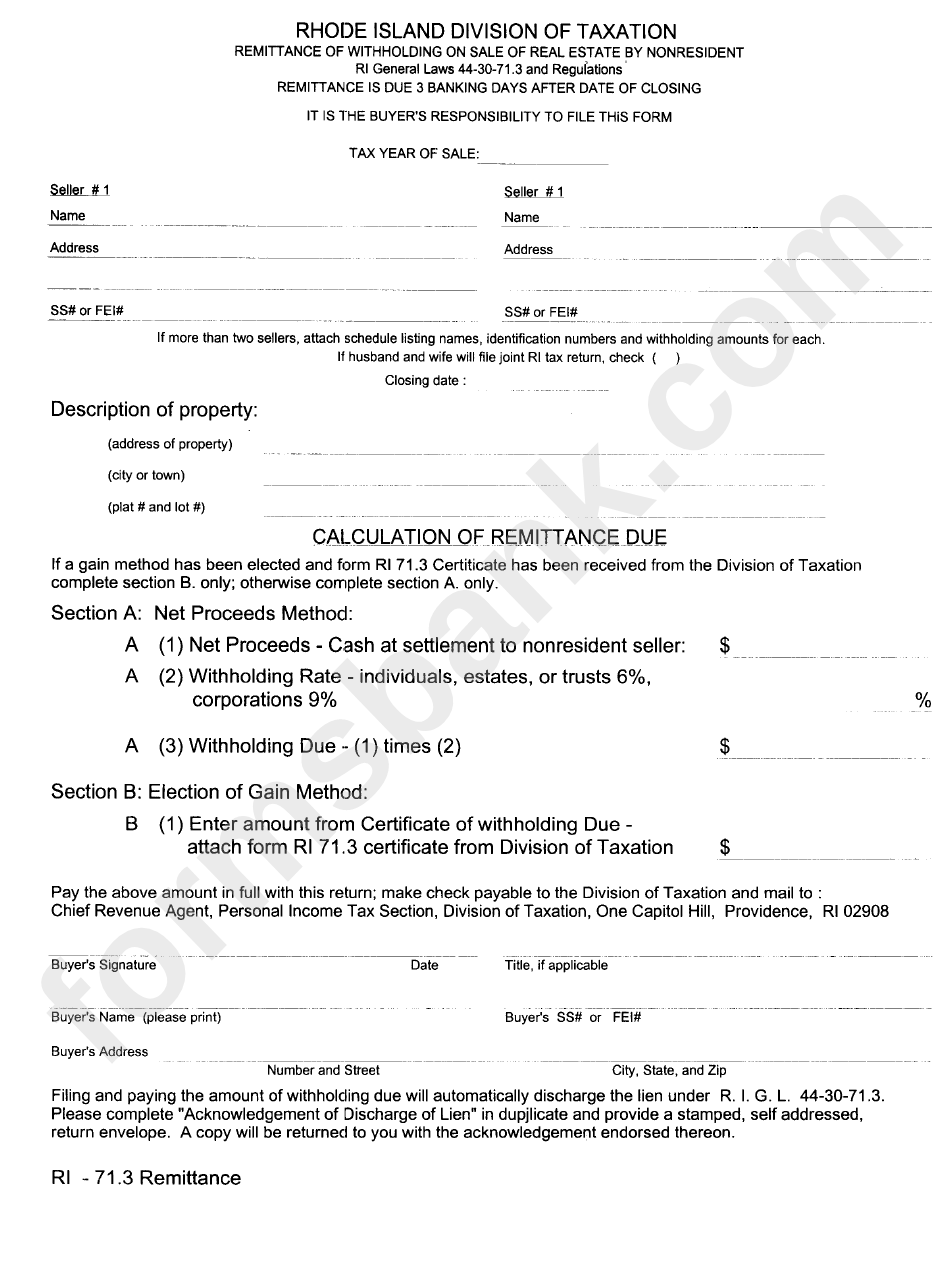 Form Ri-71.3 - Remittanc Of Withholding On Sale Of Real Estate By Nonresident -Rhode Island Division Of Taxation