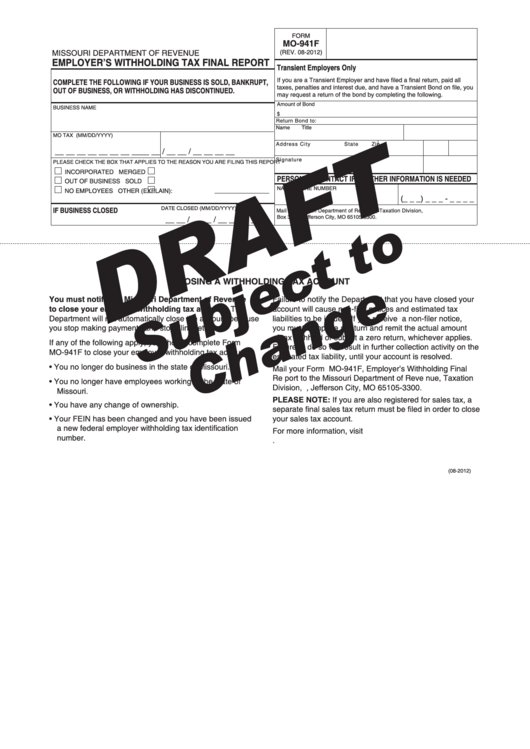 Form Mo-941f Draft - Employer's Withholding Tax Final Report - 2012