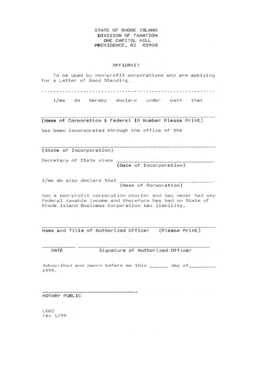 Fillable Form Lgs2 - Affidavit To Be Used By Non-Profit Corporations Who Are Applying For A Letter Of Good Standing - Ri Division Of Taxation Printable pdf