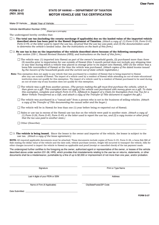 Fillable Form G-27 - Motor Vehicle Use Tax Certification - State Of Hawaii Printable pdf
