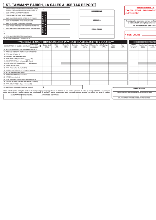 Fillable Sales And Use Tax Report Form - St.tammany Parish, La Printable pdf