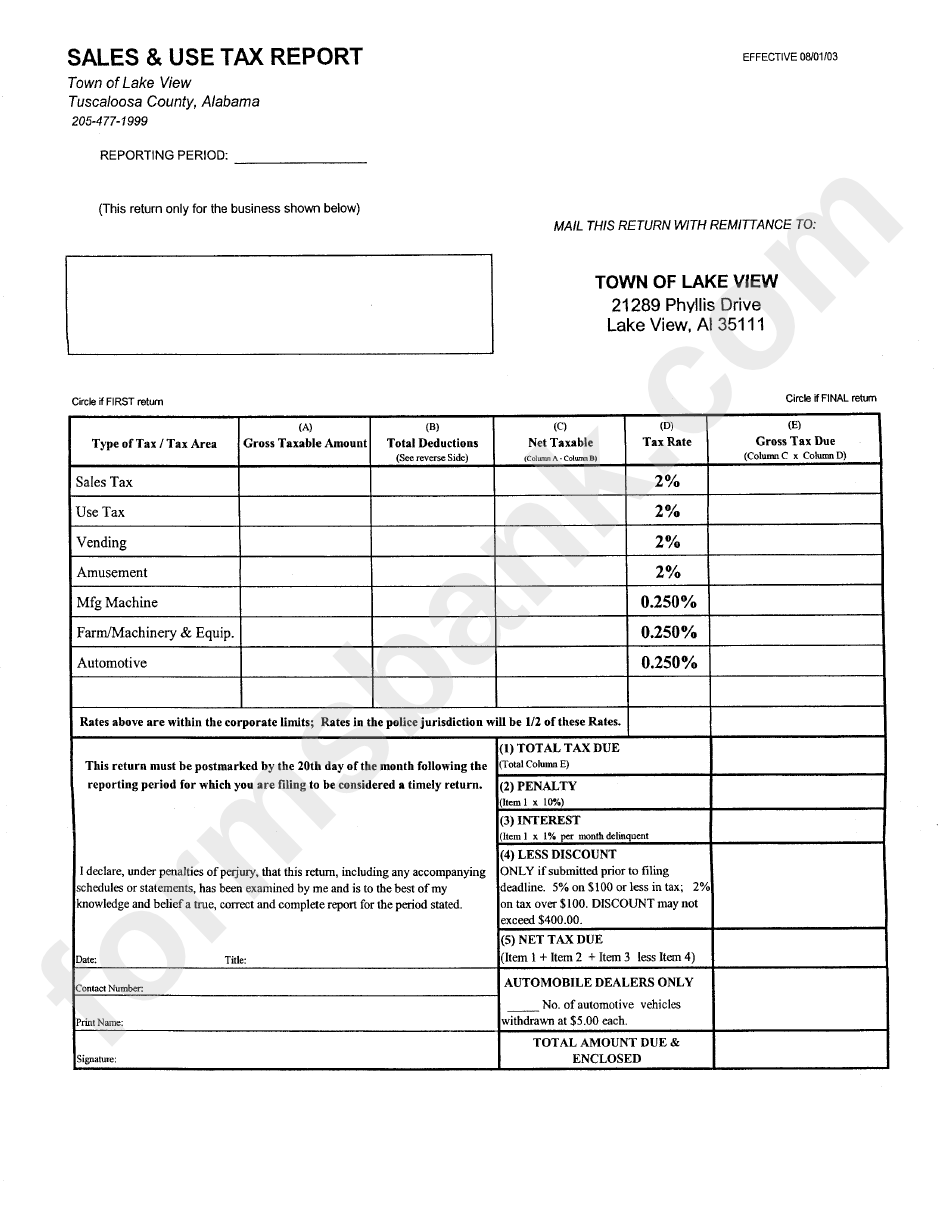 Sales & Use Tax Report - Town Of Lake View - State Of Alabama
