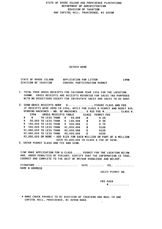 Fillable Application For Litter Control Participation Permit 1998 - Ri Division Of Taxation Printable pdf