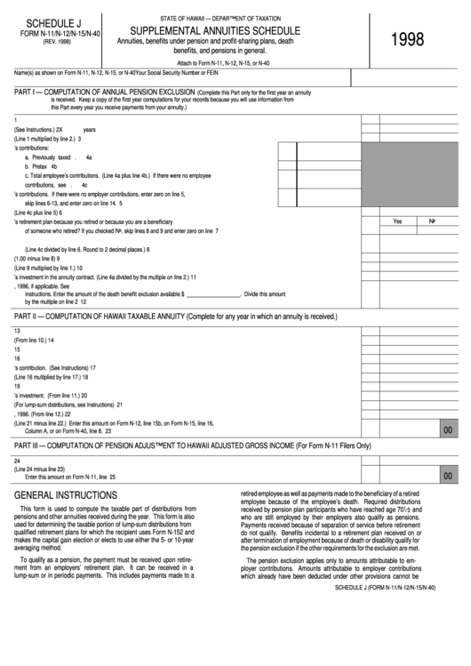 Schedule J (Form N-11/n-12/n-15/n-40) - Supplemental Annuities Schedule - 1998 Printable pdf