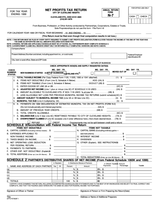 Form N-7 - Net Profits Tax Return (1999) - City Of Cleveland Heights 