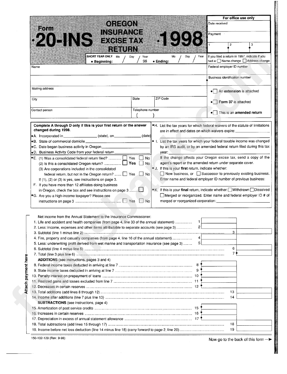 Form 20-Ins - Oregon Insurance Excise Tax Return (1998)