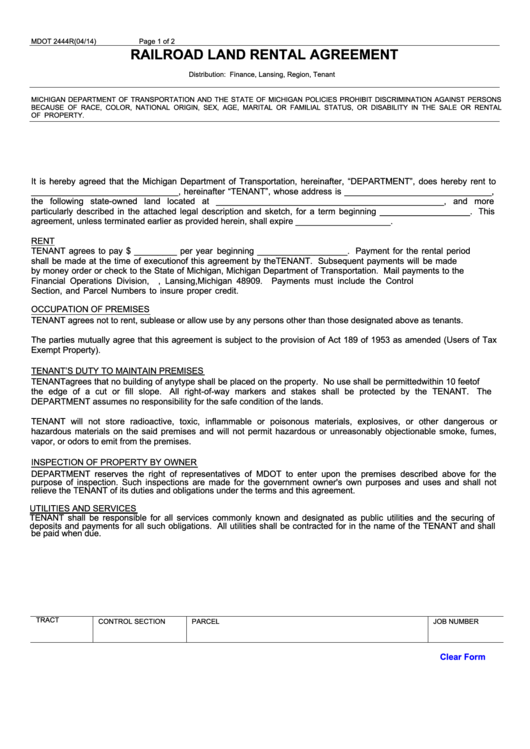 Fillable Form Mdot 2444r - Railroad Land Rental Agreement Printable pdf
