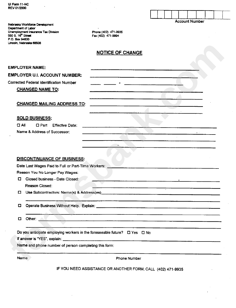 Form 11-Nc - Notice Of Change - Nebraska Department Of Labor