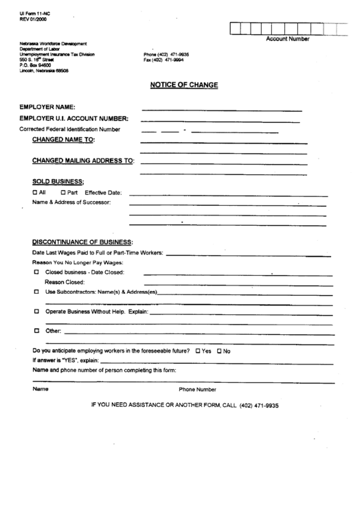 Form 11-Nc - Notice Of Change - Nebraska Department Of Labor Printable pdf