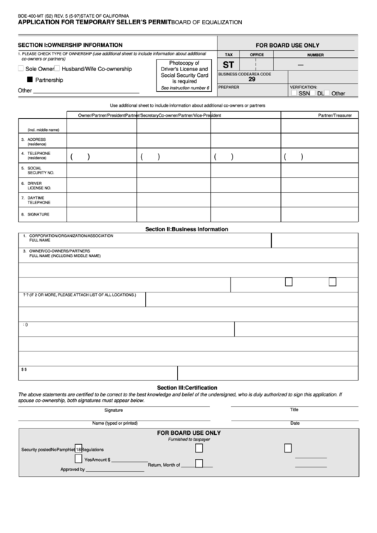 Fillable Form Boe-400-Mt (S2) - Application For Temporary Seller