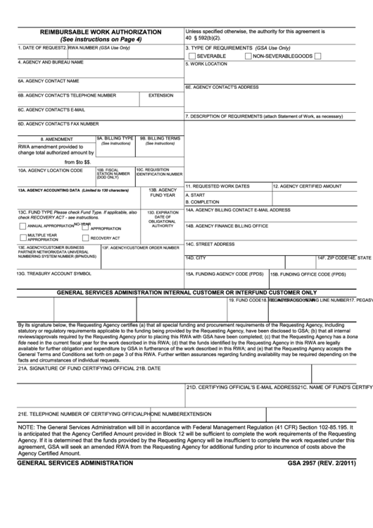 Fillable Form Gsa 2957 - Reimbursable Work Authorization - 2011 Printable pdf