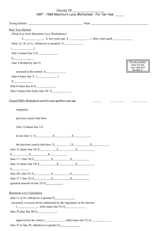Fillable Form 24766 - 1997-1998 Maximum Levy Worksheet Printable pdf