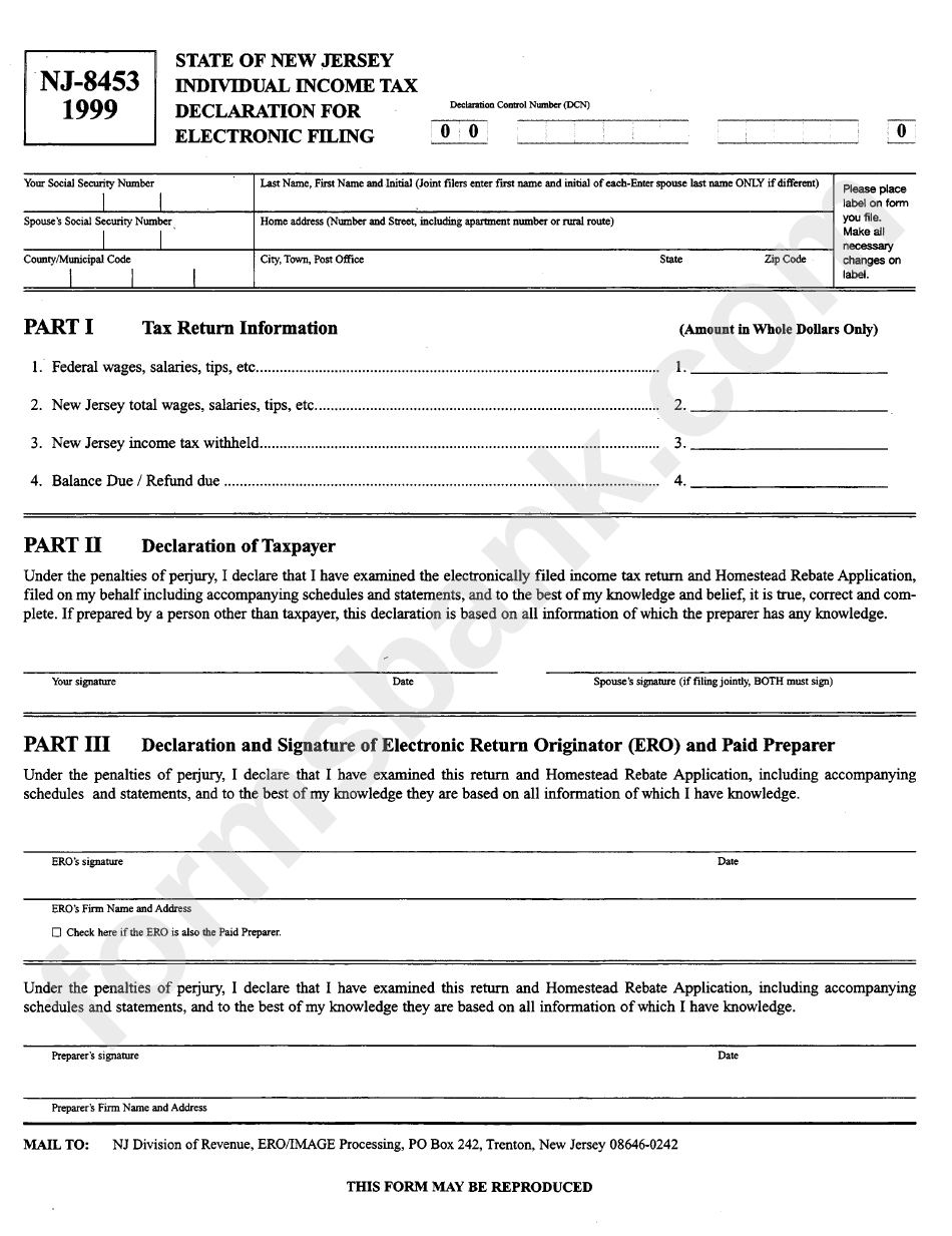 Form Nj-8453 - Individual Income Tax Declaration For Electronic Filing - 1999