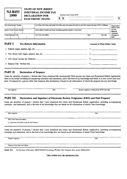 Form Nj-8453 - Individual Income Tax Declaration For Electronic Filing - 1999 Printable pdf