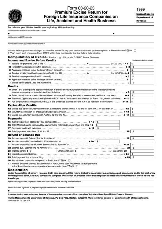 Form 63-20-23 - Premium Excise Return For Foreign Life Insurance Companies On Life, Accident And Health Business - 1999 Printable pdf