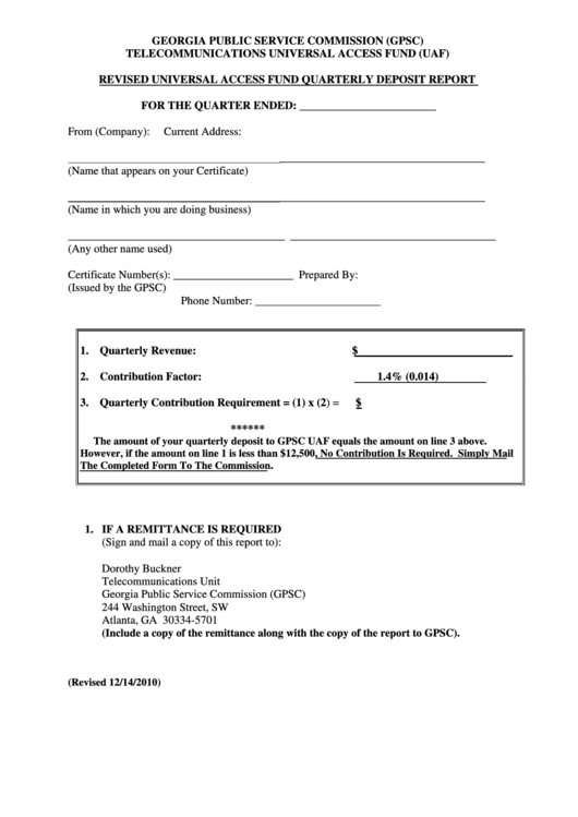 Revised Universal Access Fund Quarterly Deposit Report Form - Georgia Public Service Commission Printable pdf