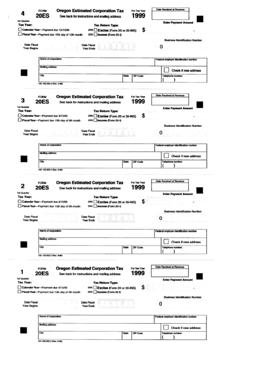 Fillable Form 20es - Oregon Estimated Corporation Tax (1999) Printable pdf