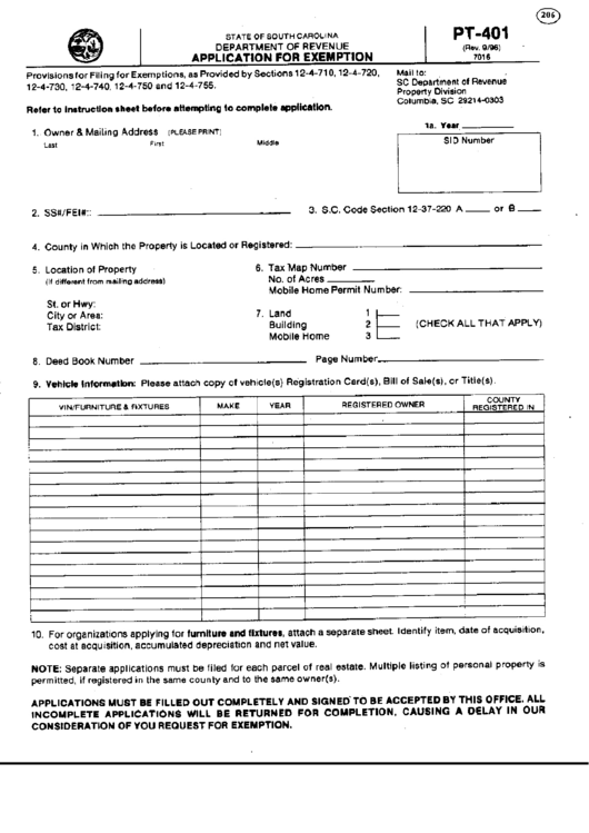 Fillable Form Pt-401 - Application For Exemption Printable pdf