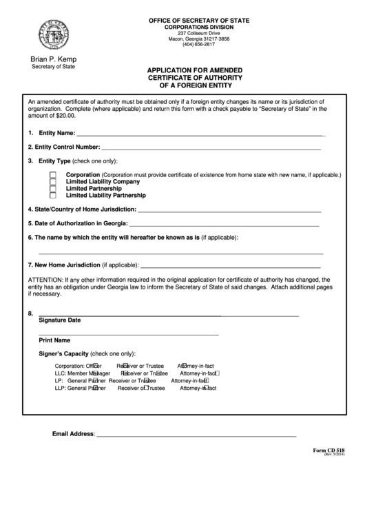 Form Cd 518 - Application For Amended Certificate Of Authority Of A Foreign Entity Printable pdf