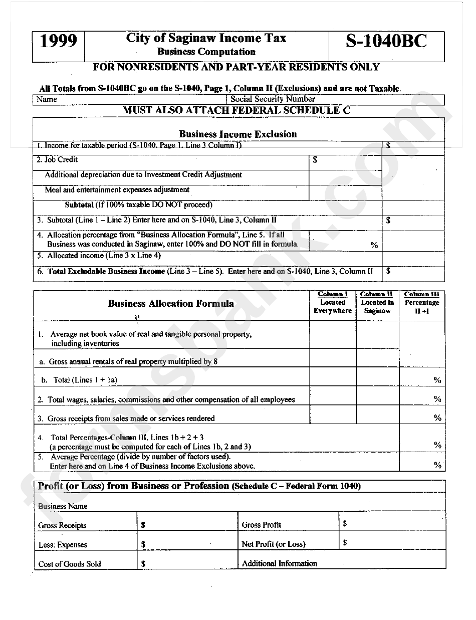 Form S-1040bc - City Of Saginaw Income Tax - 1999