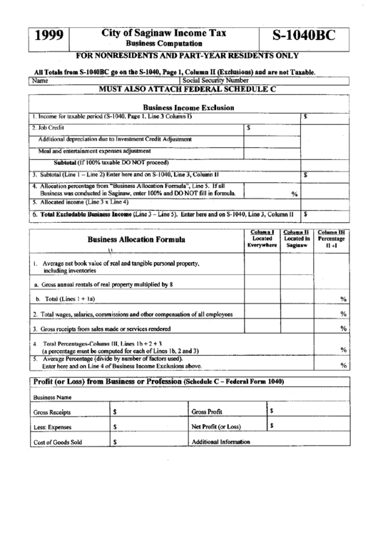 Form S-1040bc - City Of Saginaw Income Tax - 1999 Printable pdf