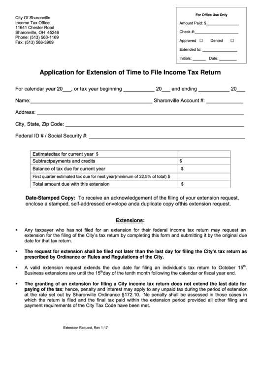 Fillable Application For Extension Of Time To File Income Tax Return - City Of Sharonville, Ohio Income Tax Office Printable pdf