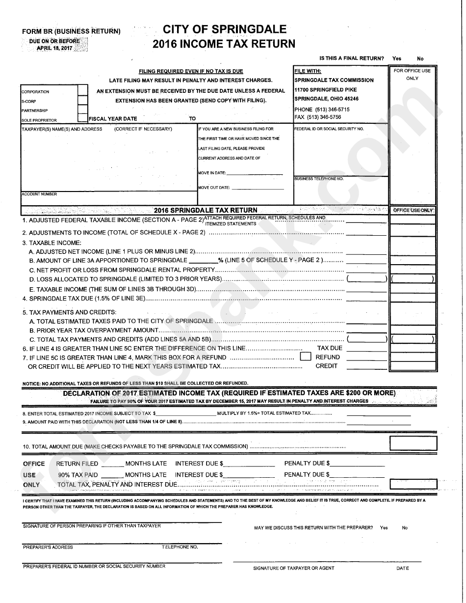 Form Br - City Of Springdale Income Tax Return - 2016