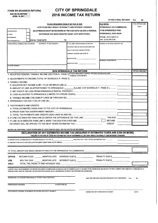 Form Br - City Of Springdale Income Tax Return - 2016 Printable pdf