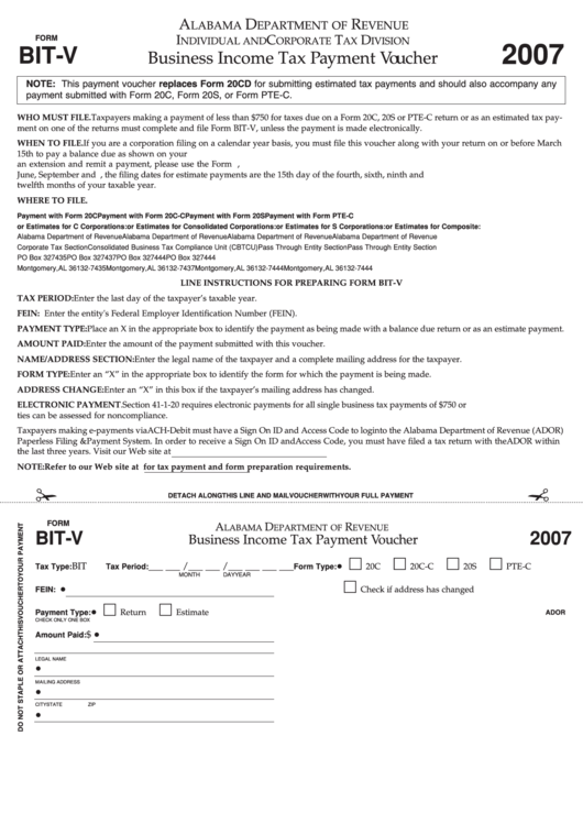 Form Bit-V - Business Income Tax Payment Voucher - Alabama Department Of Revenue - 2007 Printable pdf