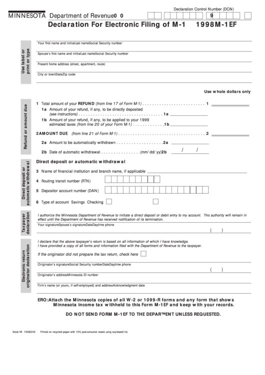 Fillable Form M-1ef - Declaration For Electronic Filing Of M-1 - Minnesota Department Of Revenue - 1998 Printable pdf