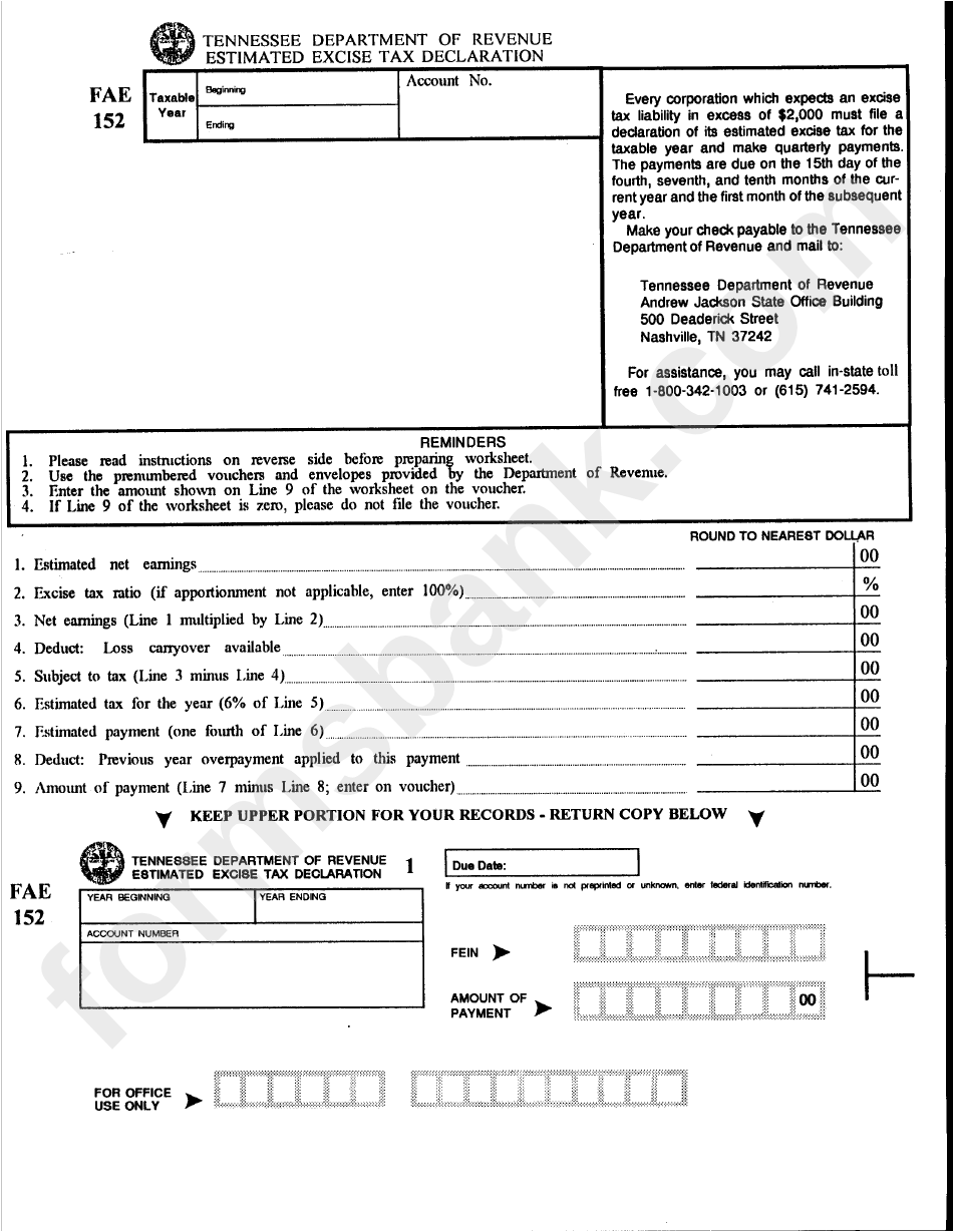 Form Fae 152 - Estimated Excise Tax Declaration - Tennessee Department Of Revenue