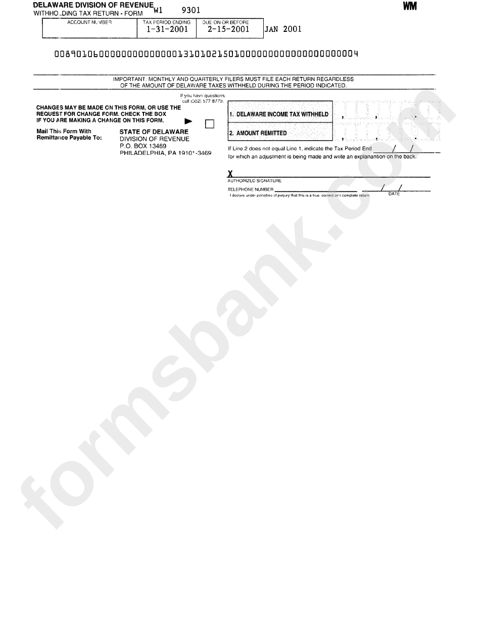 Form W1 - Withholding Tax Return - Delaware Division Of Revenue