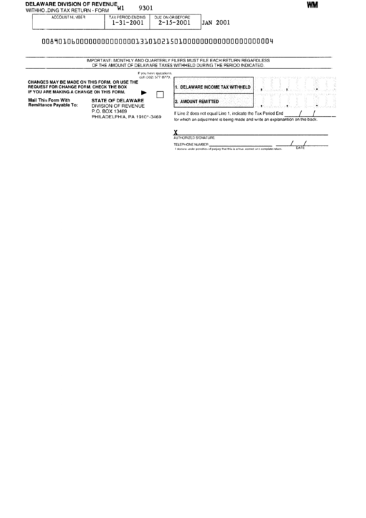 Form W1 - Withholding Tax Return - Delaware Division Of Revenue Printable pdf