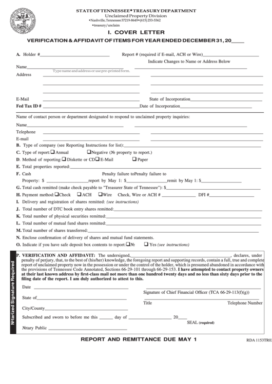 Fillable Form Tr 0201 - Cover Letter Verification & Affidavit Of Items/annual Report Of Unclaimed Property Printable pdf