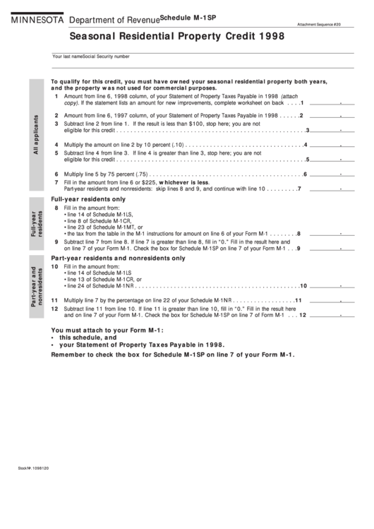 Fillable Schedule M-1sp Seasonal Residential Property Credit 1998 - Minnesota Department Of Revenue Printable pdf
