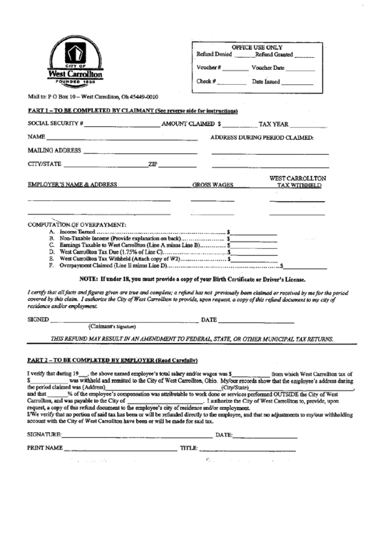Refund Request Form - City Of West Carrolton Printable pdf
