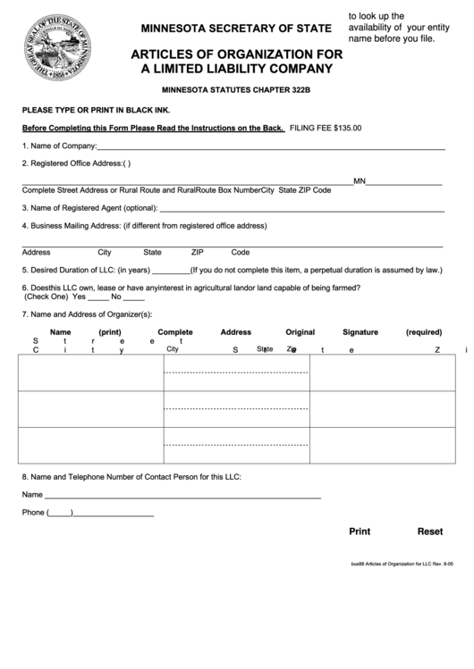 Fillable Articles Of Organization For A Limited Liability Company - Minnesota Secretary Of State - 2005 Printable pdf