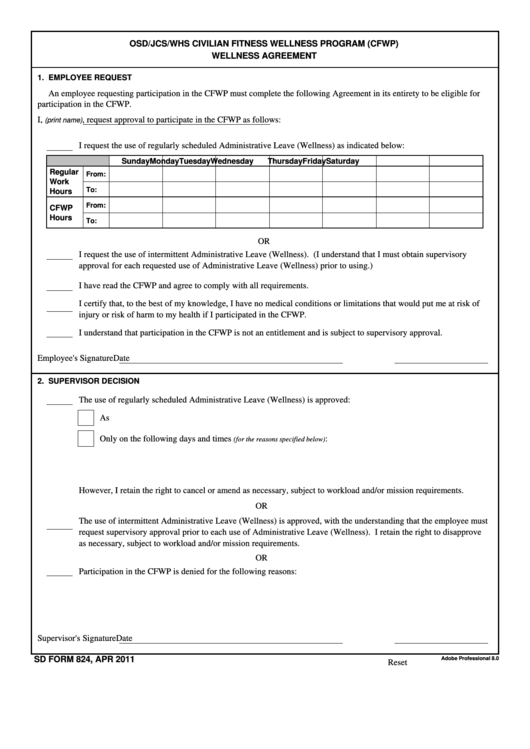 Fillable Sd Form 824 - Osd/jcs/whs Civilian Fitness Wellness Program (Cfwp) Wellness Agreement Printable pdf