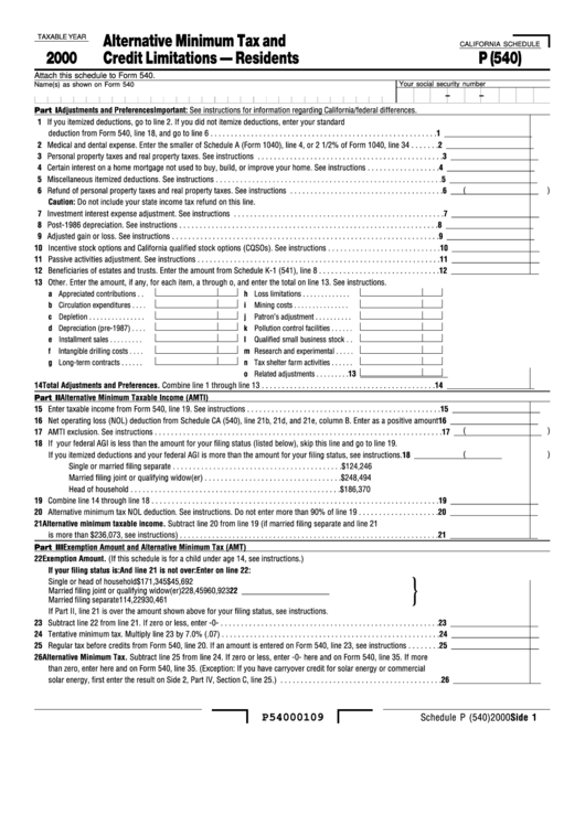 California Schedule P(540) - Attach To Form 540 - Alternative Minimum Tax And Credit Limitations - Residents - 2000 Printable pdf