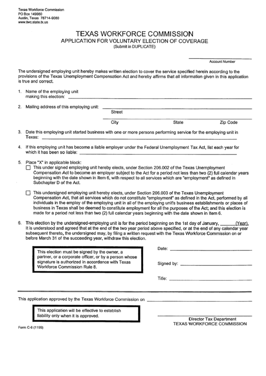 Form C-6 - Application For Voluntary Election Of Coverage Printable pdf