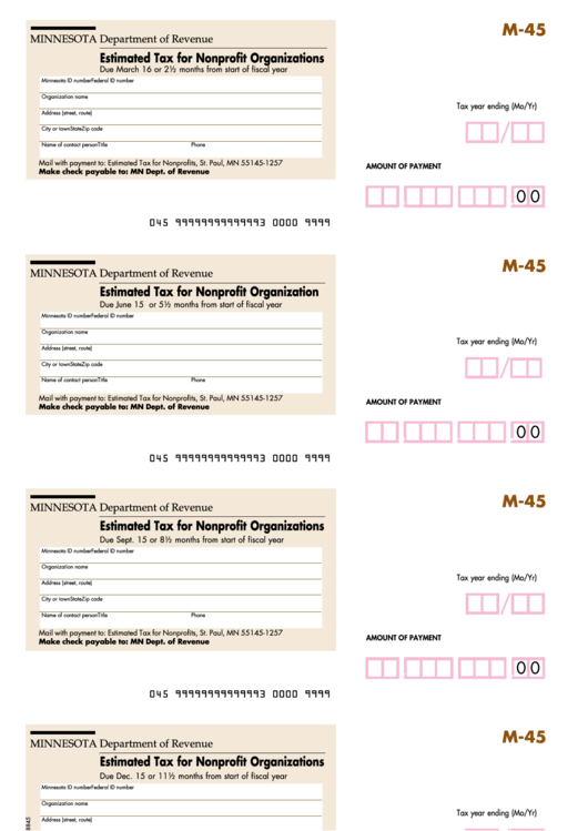 Fillable Form M-45 - Worksheet And Estimated Tax Payment Record For Nonprofit Organizations - Minnesota Department Of Revenue - 1999 Printable pdf