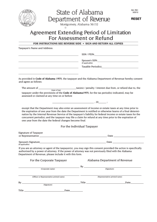 Fillable Form Ba: Rs1 - Agreement Extending Period Of Limitation For Assessment Or Refund - 2012 Printable pdf
