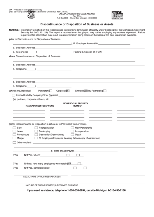 Form Uia 1772 - Discontinuance Or Disposition Of Business Or Assets - 2004 Printable pdf
