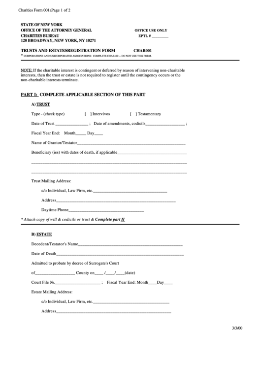 Charities Form 001a - Trusts And Estates Registration Form Char001 - 2000 Printable pdf
