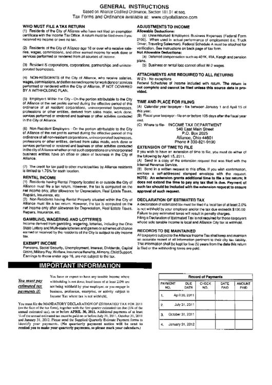 Income Tax Return Instructions - City Of Alliance Printable pdf