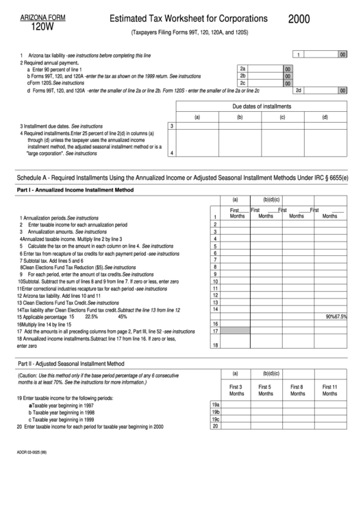 Form 120w - Estimated Tax Worksheet For Corporations - 2000 Printable pdf