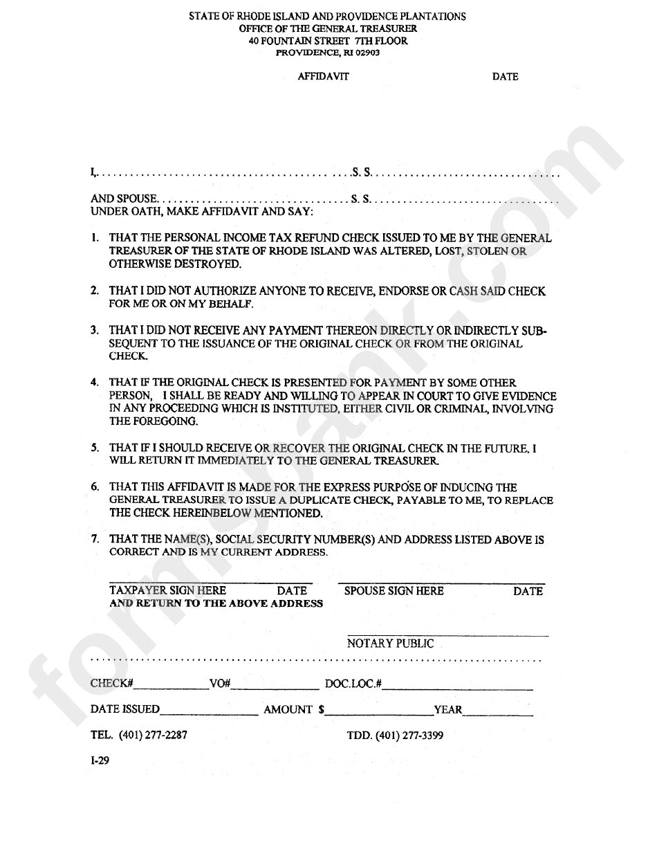 Form I-29 - Affidavit - Rhode Island Office Of The General Treasurer