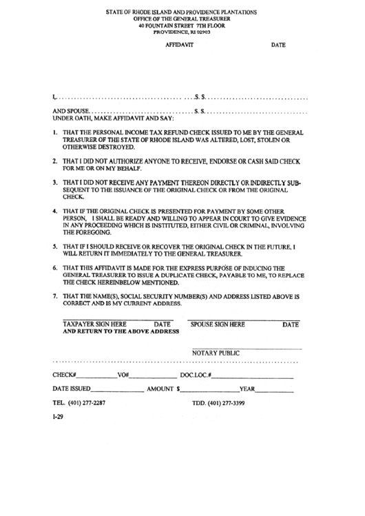 Form I-29 - Affidavit - Rhode Island Office Of The General Treasurer Printable pdf