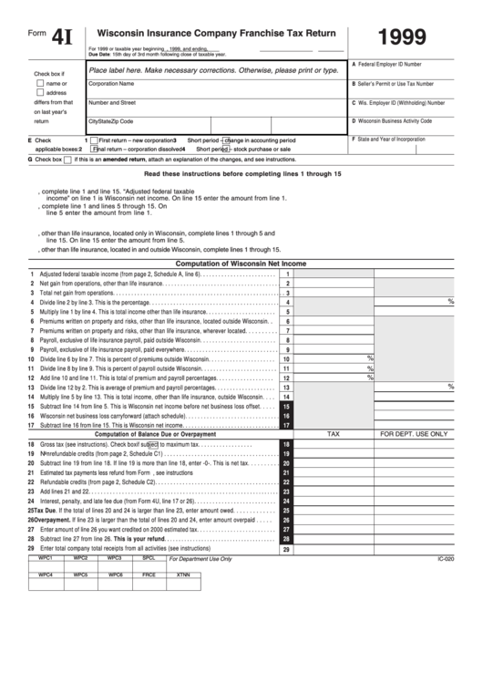 Form 4i - Wisconsin Insurance Company Franchise Tax Return (1999) Printable pdf