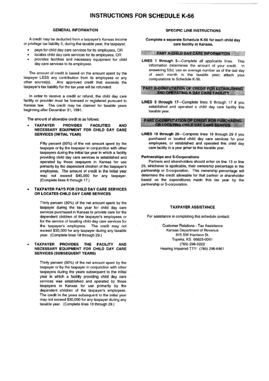 Instructions For Schedule K-56 - Kansas Department Of Revenue Printable pdf
